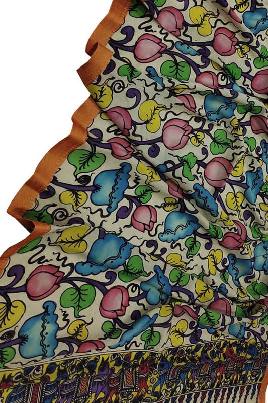 Multicolor Kalamkari Hand Painted Bangalore Silk Dupatta - Luxurion World