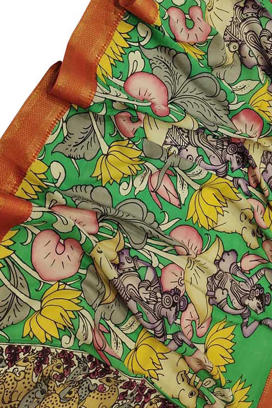 Multicolor Kalamkari Hand Painted Bangalore Silk Dupatta - Luxurion World