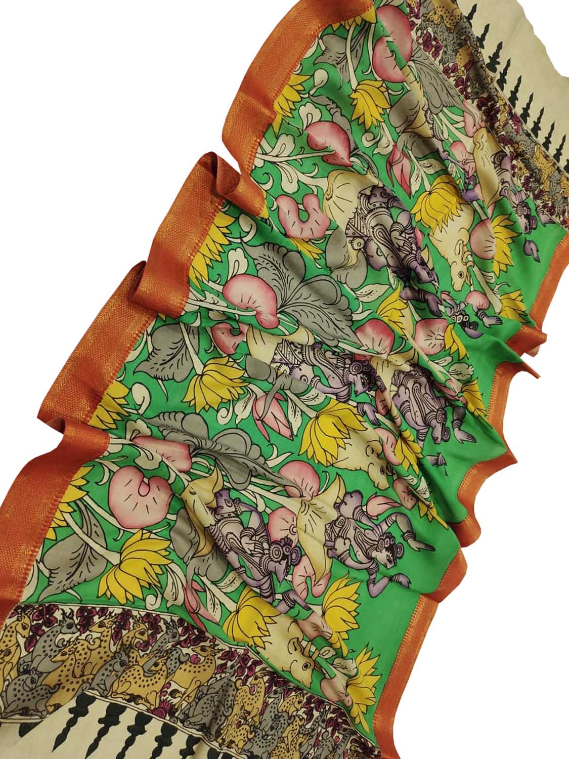 Multicolor Kalamkari Hand Painted Bangalore Silk Dupatta - Luxurion World