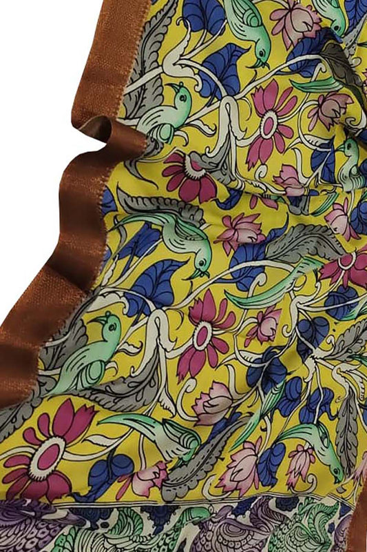 Multicolor Kalamkari Hand Painted Bangalore Silk Dupatta - Luxurion World