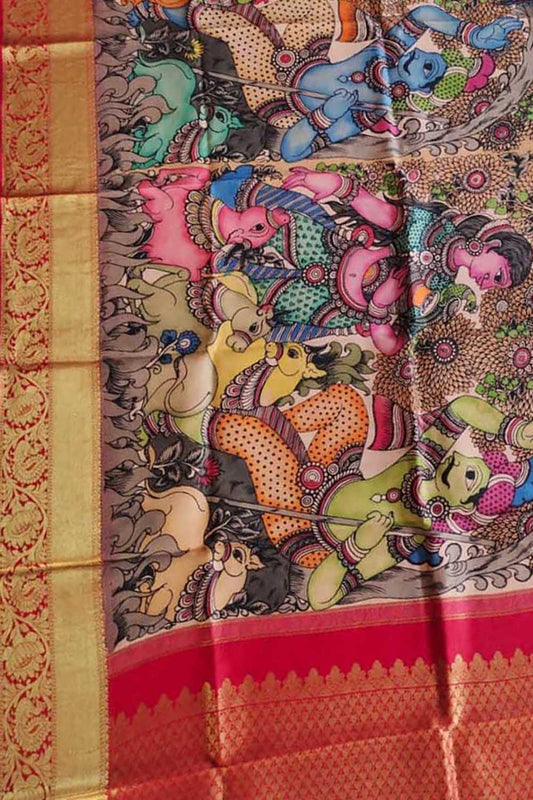 Multicolor Pen Kalamkari Pure Silk Dupatta With Kanjeevaram Border - Luxurion World
