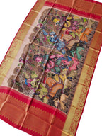 Multicolor Pen Kalamkari Pure Silk Dupatta With Kanjeevaram Border - Luxurion World