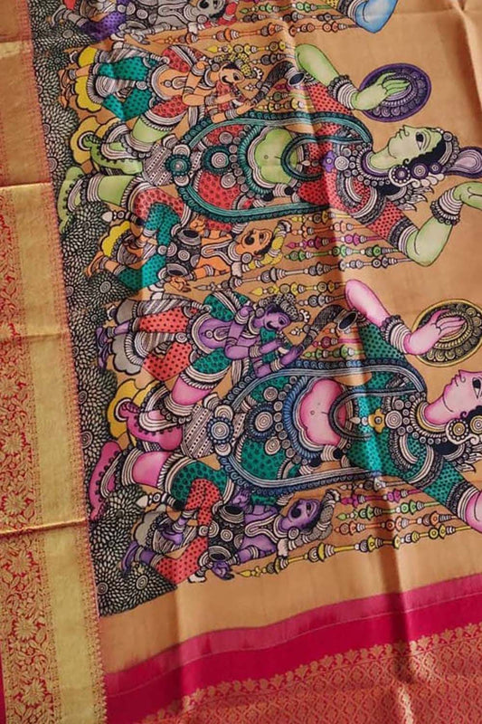 Multicolor Pen Kalamkari Pure Silk Dupatta With Kanjeevaram Border - Luxurion World