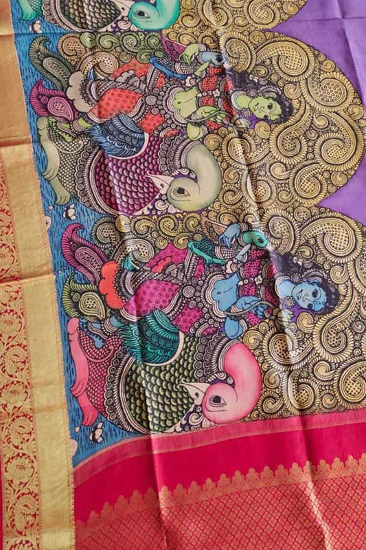 Multicolor Pen Kalamkari Pure Silk Dupatta With Kanjeevaram Border - Luxurion World