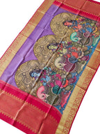 Multicolor Pen Kalamkari Pure Silk Dupatta With Kanjeevaram Border - Luxurion World