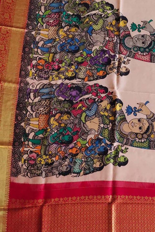Multicolor Pen Kalamkari Pure Silk Dupatta With Kanjeevaram Border - Luxurion World