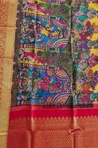 Multicolor Pen Kalamkari Pure Silk Dupatta With Kanjeevaram Border - Luxurion World