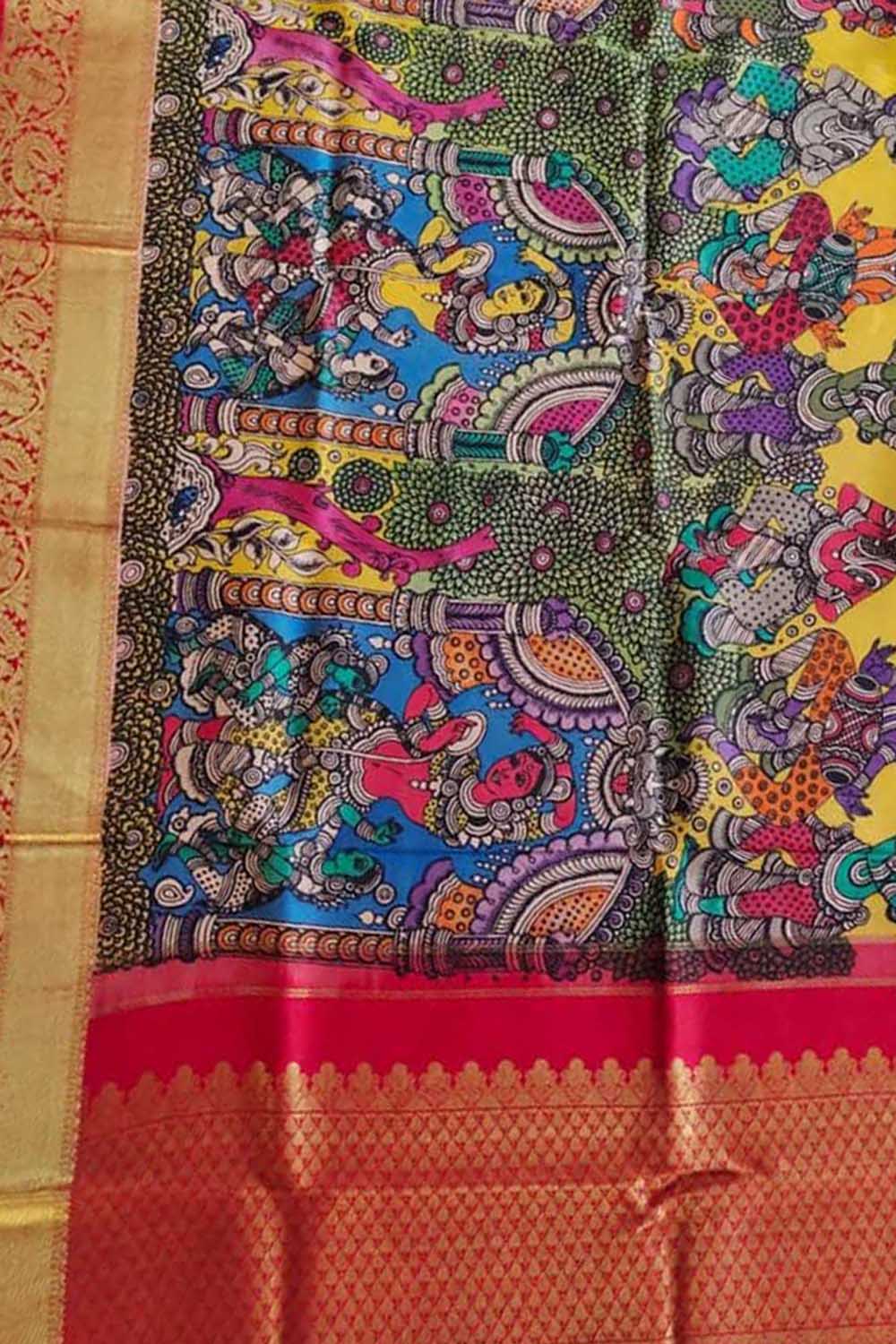 Multicolor Pen Kalamkari Pure Silk Dupatta With Kanjeevaram Border - Luxurion World
