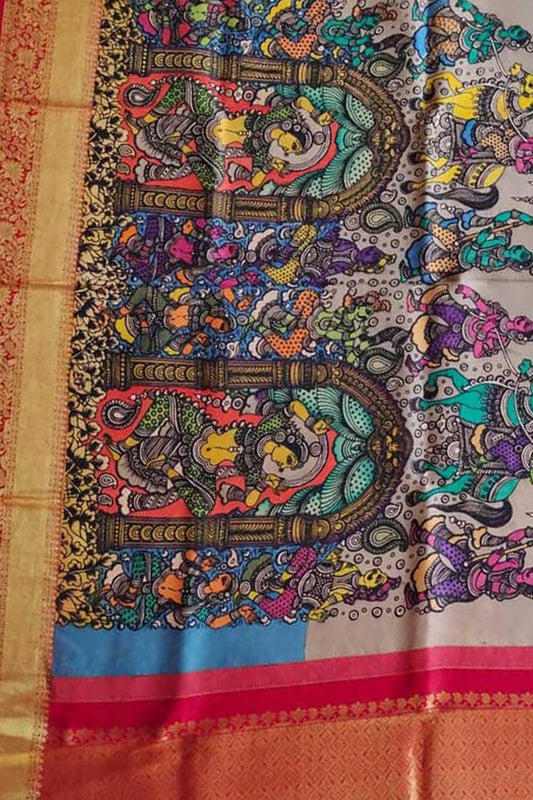 Multicolor Pen Kalamkari Pure Silk Dupatta With Kanjeevaram Border - Luxurion World