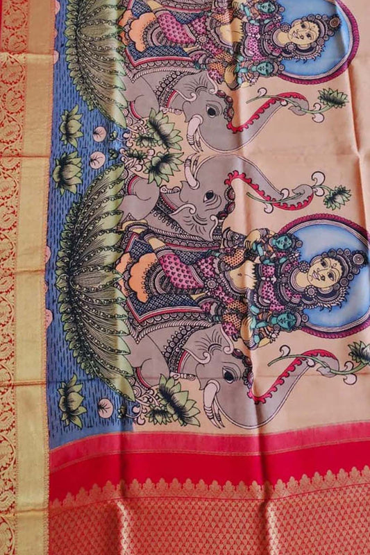Multicolor Pen Kalamkari Pure Silk Dupatta With Kanjeevaram Border - Luxurion World