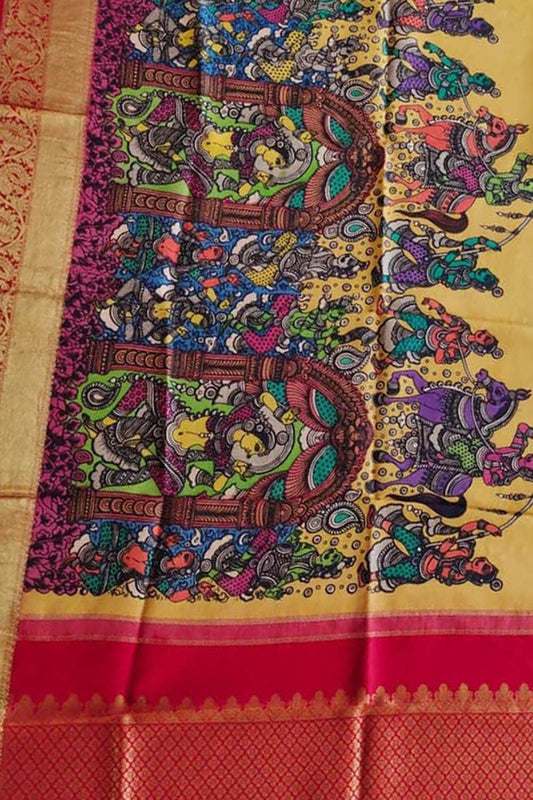 Multicolor Pen Kalamkari Pure Silk Dupatta With Kanjeevaram Border - Luxurion World