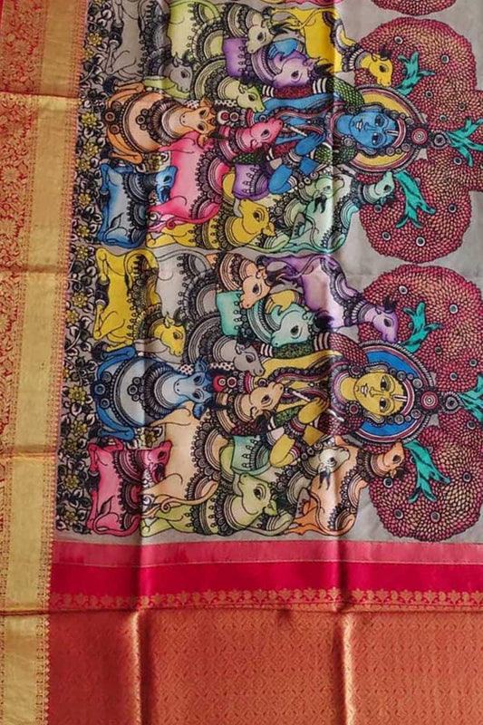 Multicolor Pen Kalamkari Pure Silk Dupatta With Kanjeevaram Border - Luxurion World