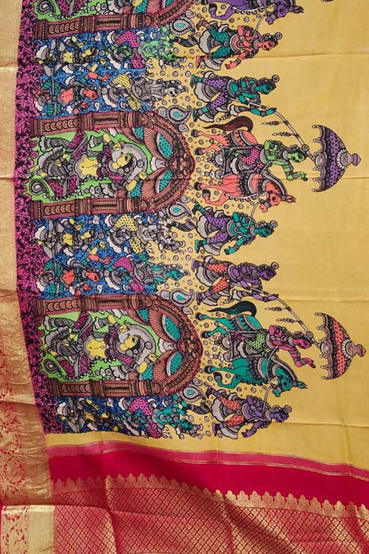 Multicolor Pen Kalamkari Pure Silk Dupatta With Kanjeevaram Border - Luxurion World