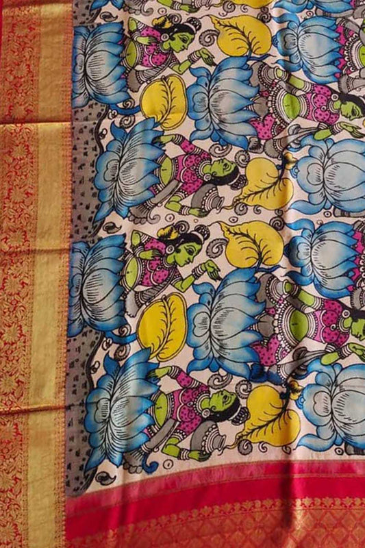 Multicolor Pen Kalamkari Pure Silk Dupatta With Kanjeevaram Border - Luxurion World