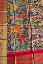 Multicolor Pen Kalamkari Pure Silk Dupatta With Kanjeevaram Border - Luxurion World