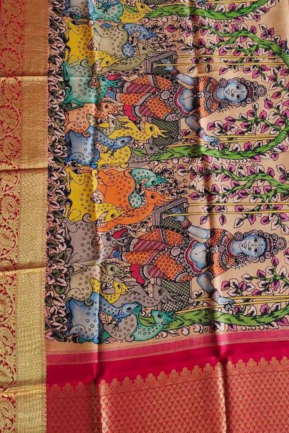 Multicolor Pen Kalamkari Pure Silk Dupatta With Kanjeevaram Border - Luxurion World