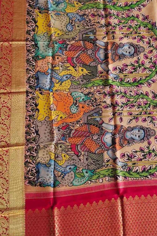 Multicolor Pen Kalamkari Pure Silk Dupatta With Kanjeevaram Border - Luxurion World
