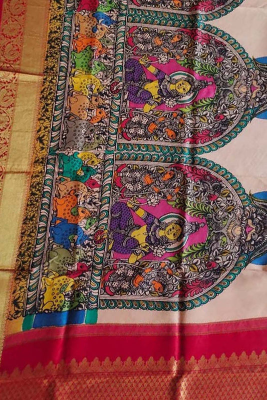 Multicolor Pen Kalamkari Pure Silk Dupatta With Kanjeevaram Border - Luxurion World