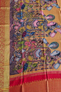 Multicolor Pen Kalamkari Pure Silk Dupatta With Kanjeevaram Border - Luxurion World