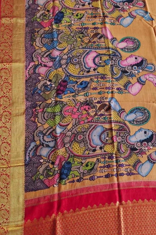 Multicolor Pen Kalamkari Pure Silk Dupatta With Kanjeevaram Border - Luxurion World