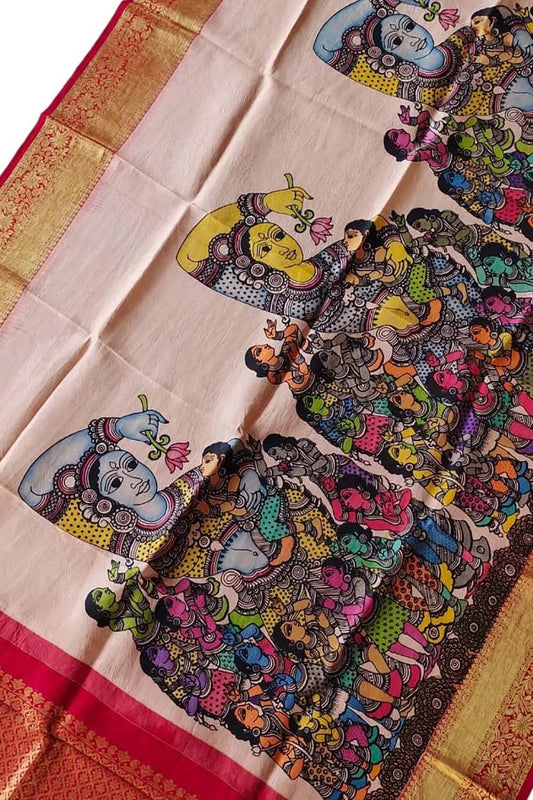 Kalamkari Silk Dupatta with Kanjeevaram Border - Multicolor Pen Design - Luxurion World