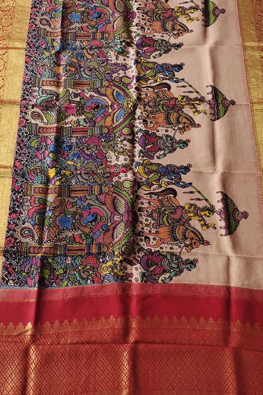 Kalamkari Silk Dupatta with Kanjeevaram Border - Multicolor Pen Design - Luxurion World