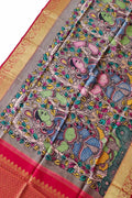 Kalamkari Silk Dupatta with Kanjeevaram Border - Multicolor Pen Design - Luxurion World