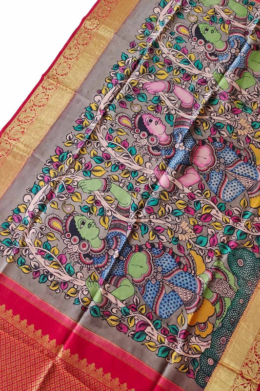 Kalamkari Silk Dupatta with Kanjeevaram Border - Multicolor Pen Design - Luxurion World