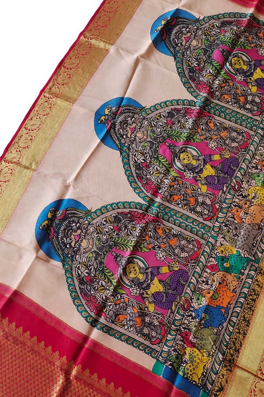 Kalamkari Silk Dupatta with Kanjeevaram Border - Multicolor Pen Design - Luxurion World