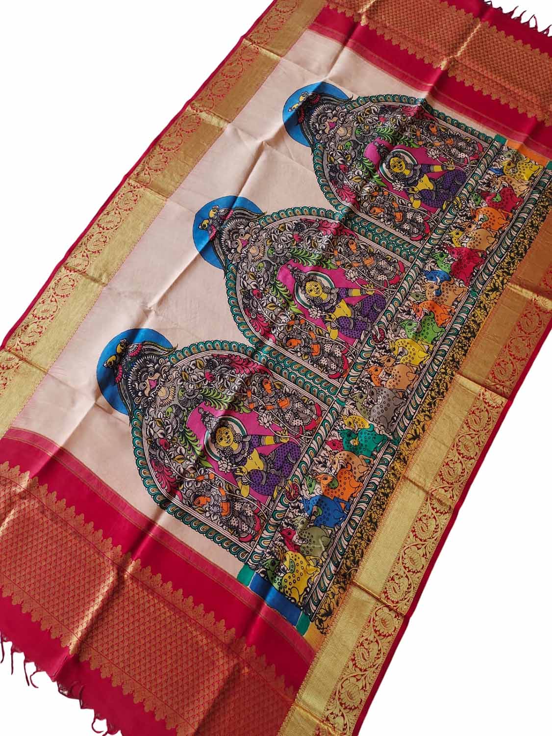 Kalamkari Silk Dupatta with Kanjeevaram Border - Multicolor Pen Design - Luxurion World