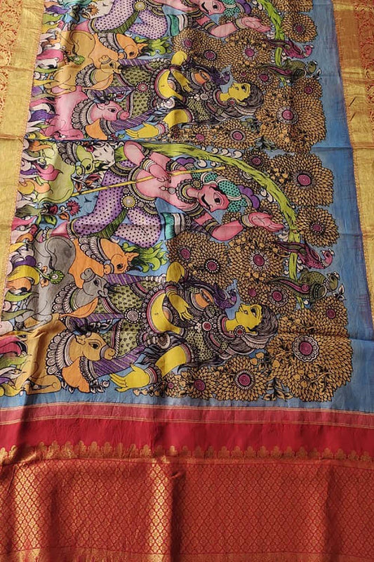 Kalamkari Silk Dupatta with Kanjeevaram Border - Multicolor Pen Design - Luxurion World