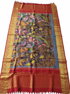Kalamkari Silk Dupatta with Kanjeevaram Border - Multicolor Pen Design - Luxurion World