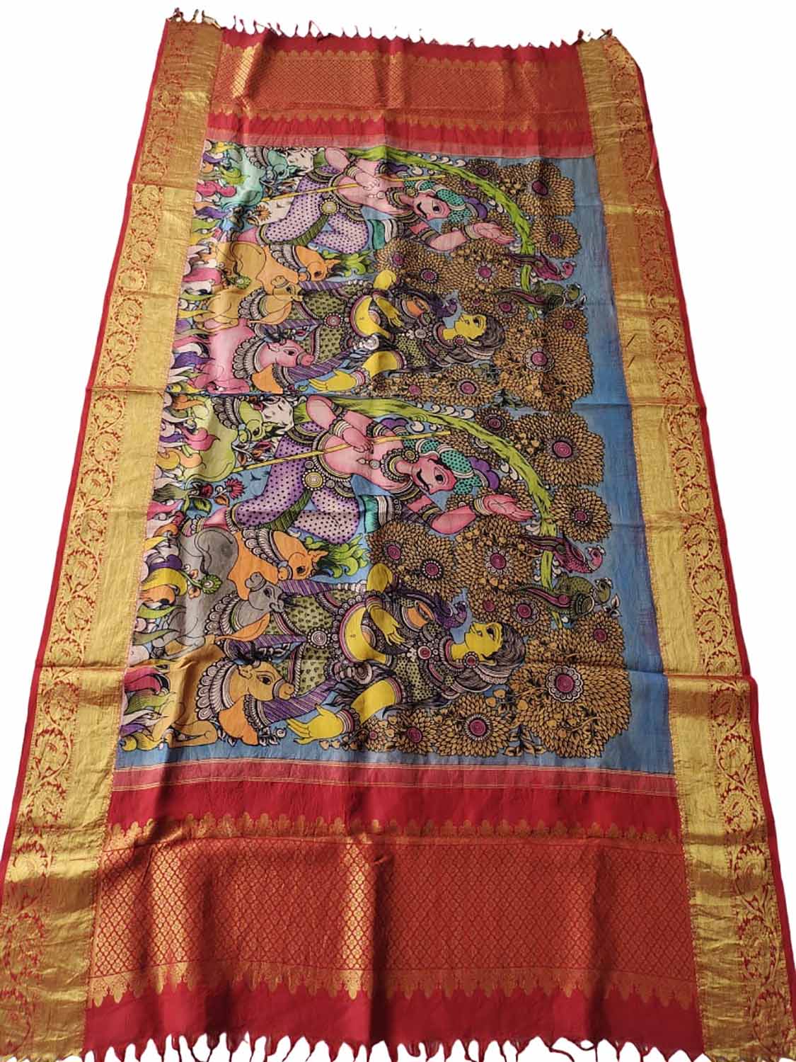 Kalamkari Silk Dupatta with Kanjeevaram Border - Multicolor Pen Design - Luxurion World