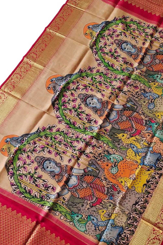 Kalamkari Silk Dupatta with Kanjeevaram Border - Multicolor Pen Design - Luxurion World