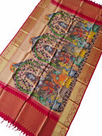 Kalamkari Silk Dupatta with Kanjeevaram Border - Multicolor Pen Design - Luxurion World