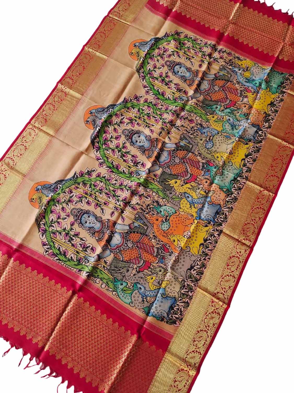 Kalamkari Silk Dupatta with Kanjeevaram Border - Multicolor Pen Design - Luxurion World