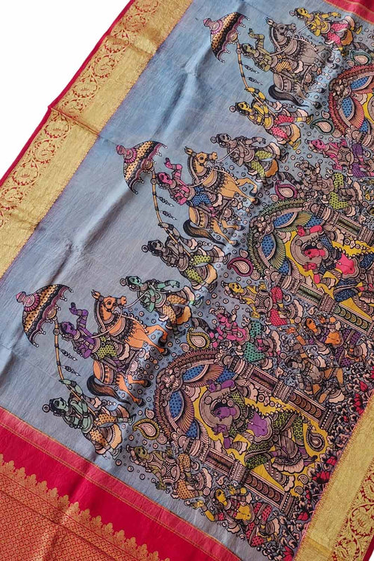 Kalamkari Silk Dupatta with Kanjeevaram Border - Multicolor Pen Design - Luxurion World