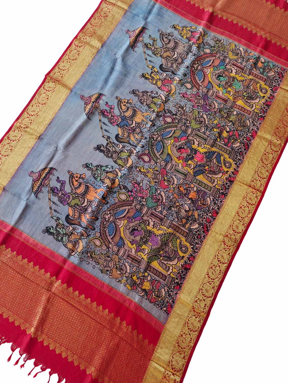 Kalamkari Silk Dupatta with Kanjeevaram Border - Multicolor Pen Design - Luxurion World