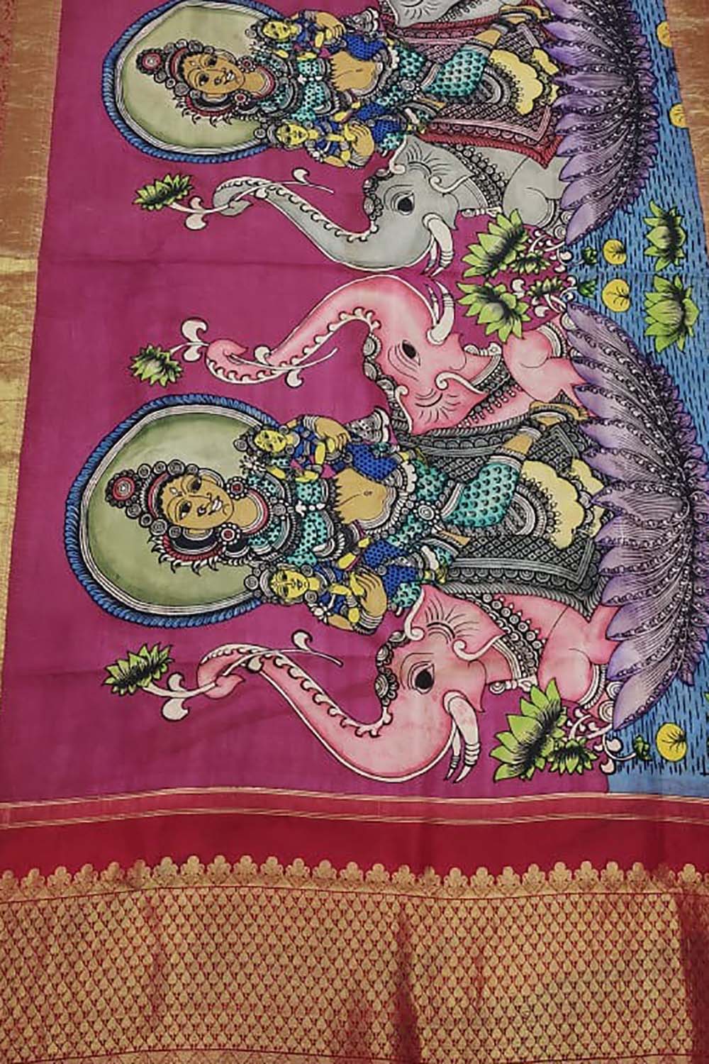 Kalamkari Silk Dupatta with Kanjeevaram Border - Multicolor Pen Design - Luxurion World