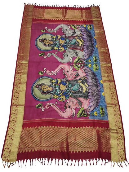 Kalamkari Silk Dupatta with Kanjeevaram Border - Multicolor Pen Design - Luxurion World