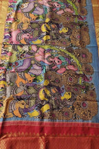 Kalamkari Silk Dupatta with Kanjeevaram Border - Multicolor Pen Design - Luxurion World
