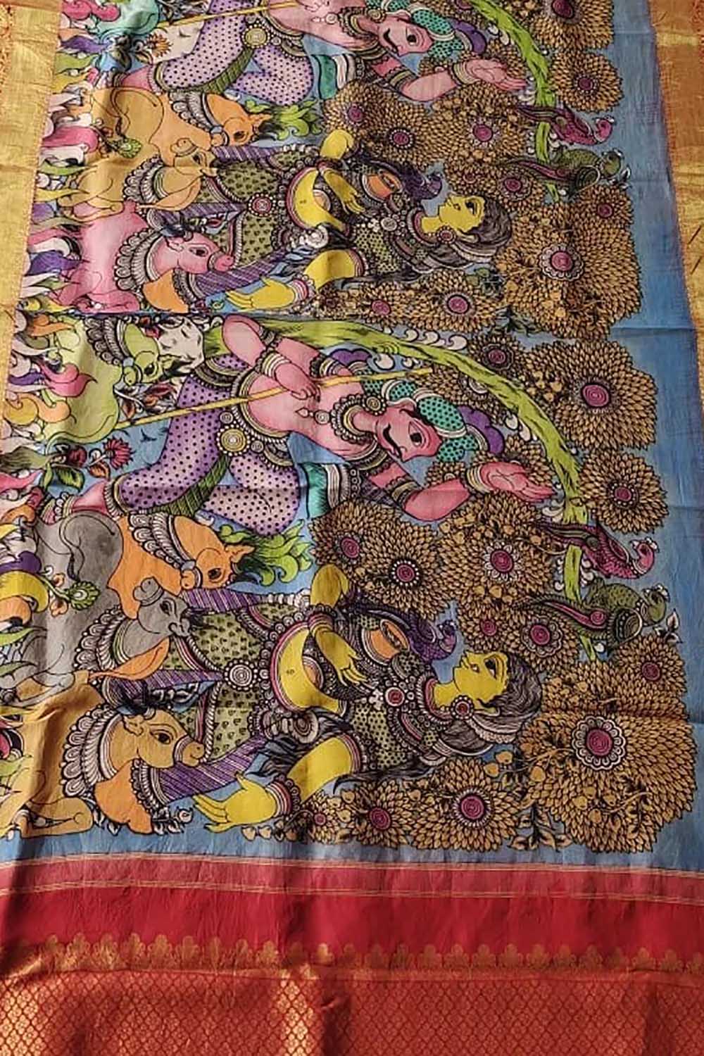 Kalamkari Silk Dupatta with Kanjeevaram Border - Multicolor Pen Design - Luxurion World