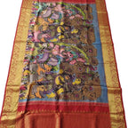 Kalamkari Silk Dupatta with Kanjeevaram Border - Multicolor Pen Design - Luxurion World