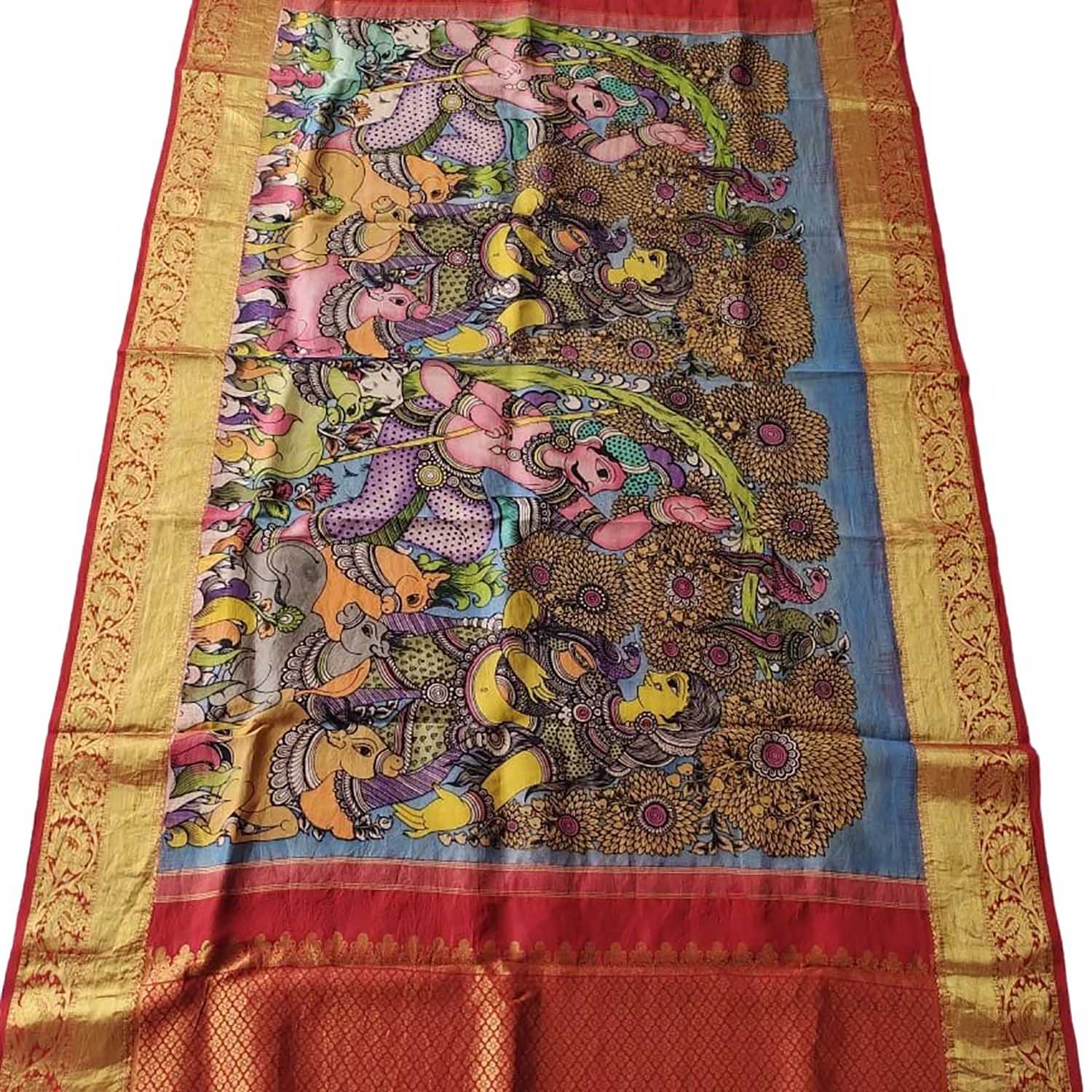 Kalamkari Silk Dupatta with Kanjeevaram Border - Multicolor Pen Design - Luxurion World