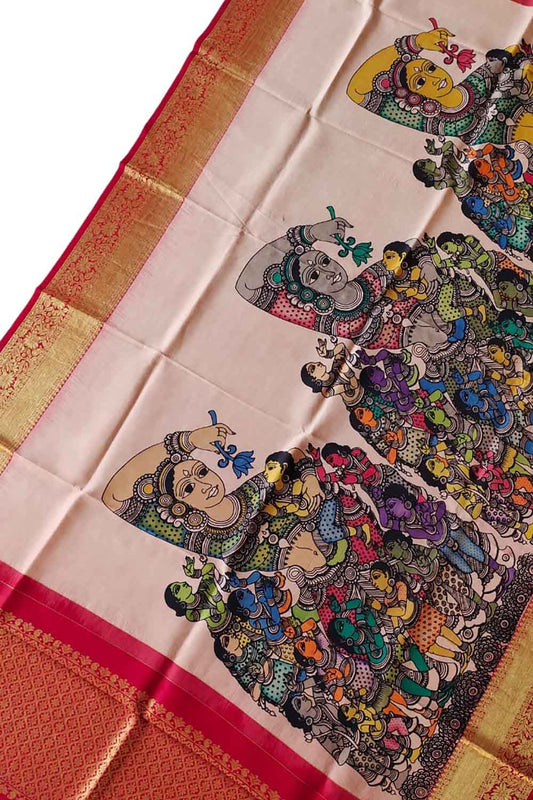 Kalamkari Silk Dupatta with Kanjeevaram Border - Multicolor Pen Design - Luxurion World