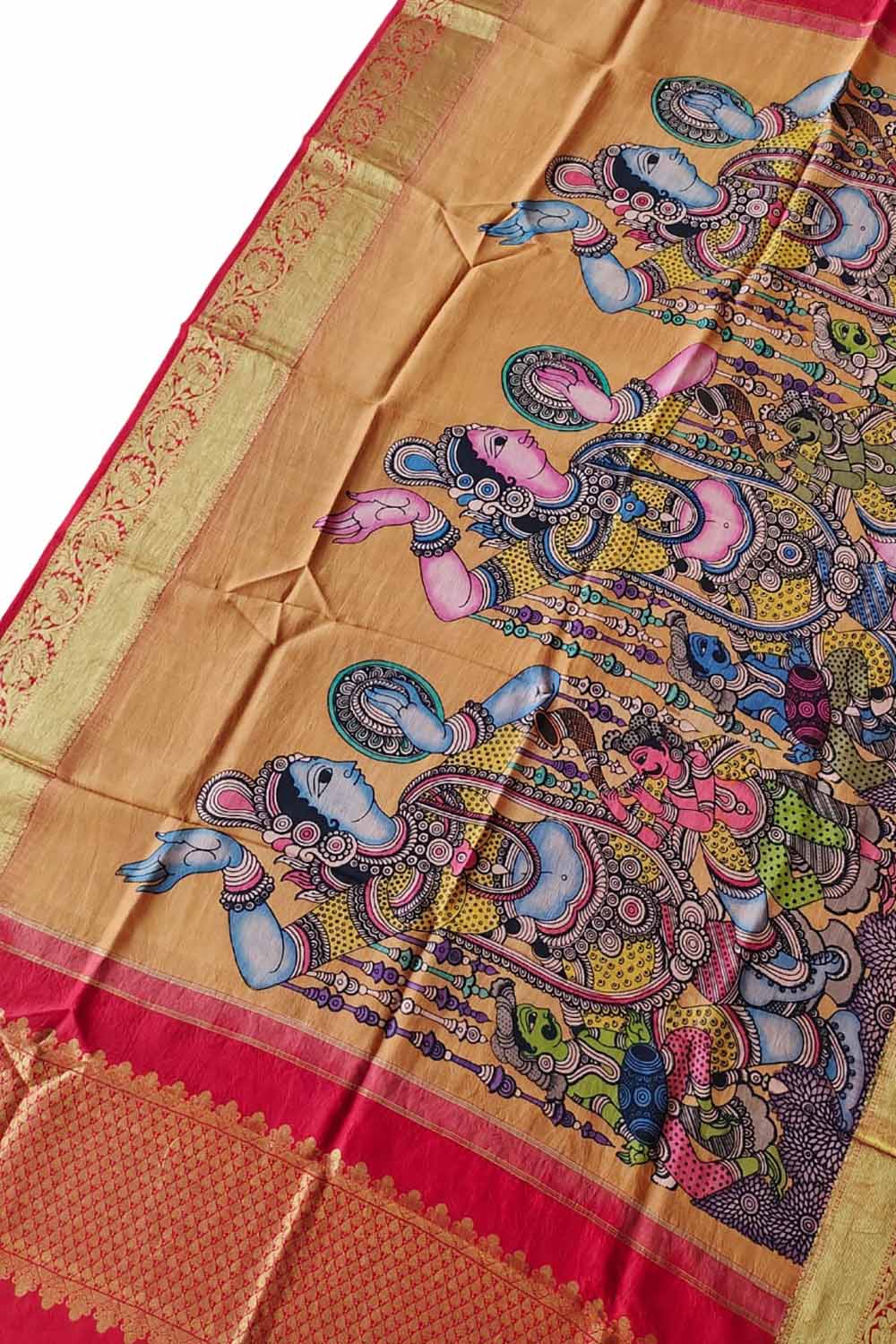 Kalamkari Silk Dupatta with Kanjeevaram Border - Multicolor Pen Design - Luxurion World