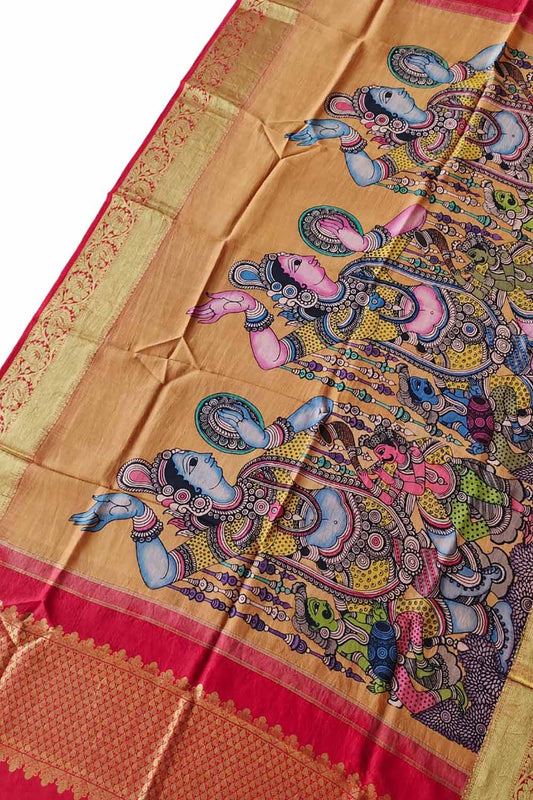 Kalamkari Silk Dupatta with Kanjeevaram Border - Multicolor Pen Design - Luxurion World