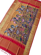 Kalamkari Silk Dupatta with Kanjeevaram Border - Multicolor Pen Design - Luxurion World