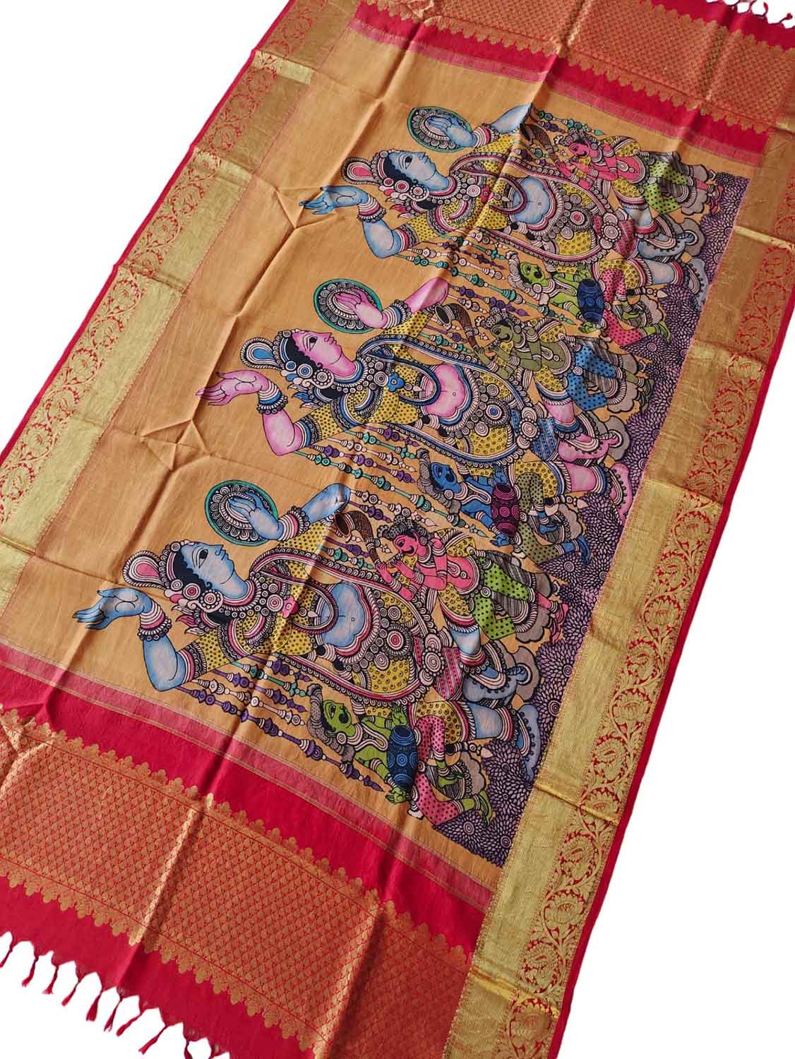 Kalamkari Silk Dupatta with Kanjeevaram Border - Multicolor Pen Design - Luxurion World