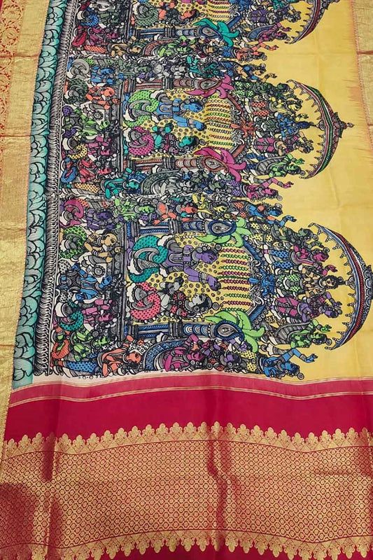 Kalamkari Silk Dupatta with Kanjeevaram Border - Multicolor Pen Design - Luxurion World